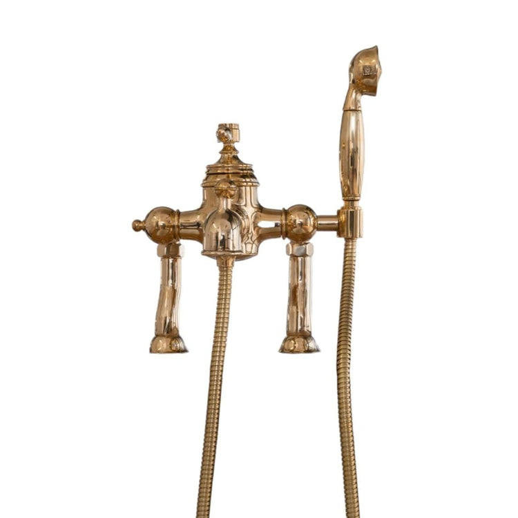 Traditional Francone BT95D unlacquered brass deck mounted bath filler faucet with hand shower.