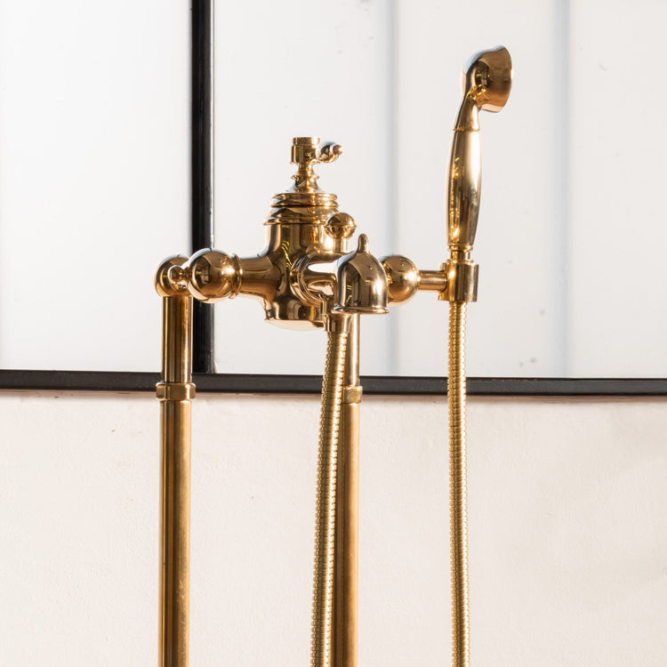 Francone BT95F unlacquered brass traditional floor mounted bath mixer tap and faucet with hand shower.