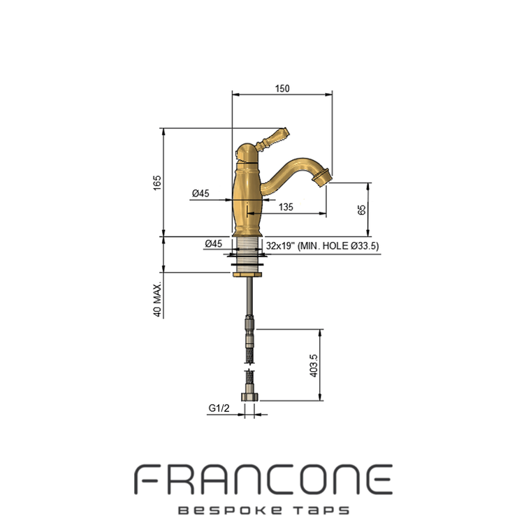 Technical drawing with dimensions for the Francone BT97 traditional deck-mounted brass bathroom tap and faucet.