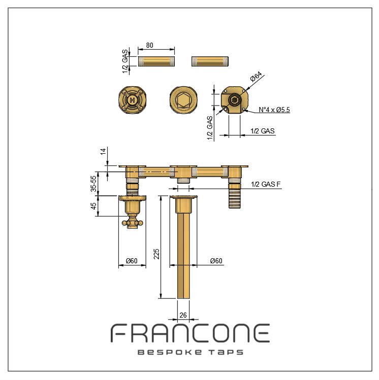 Technical drawing with dimensions for the Francone BT99 wall-mounted solid brass tap.