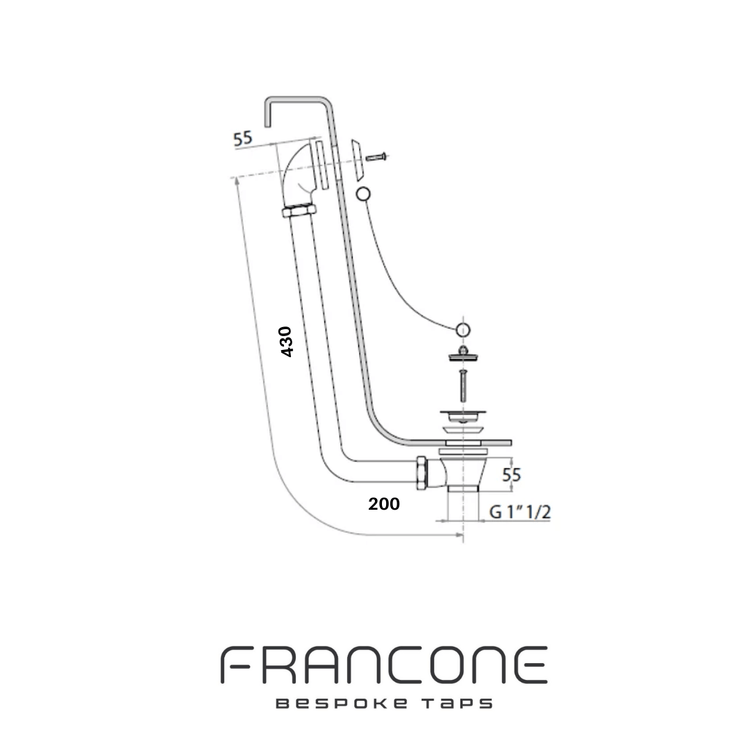 Technical drawing with dimensions for the Francone BTA13 solid brass bath waste and overflow for exposed bathtubs.