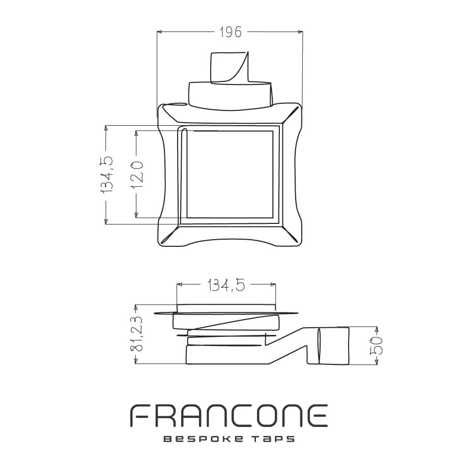 Francone BTA14 square shower drain waste technical drawing displaying the top and side views with various dimensions.