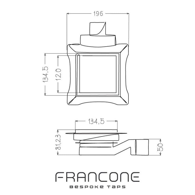 Francone BTA14 square shower drain waste technical drawing displaying the top and side views with various dimensions.