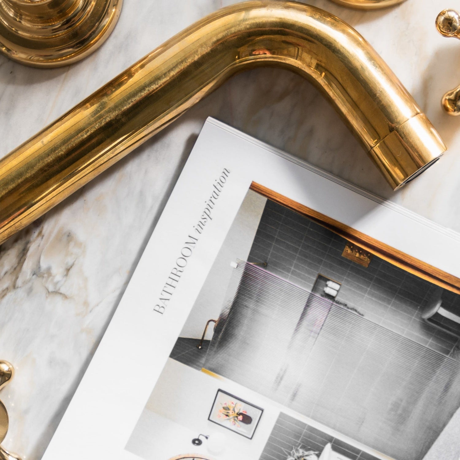 An unlacquered brass Francone BTA15 bathroom spout faucet shown alongside design inspiration.
