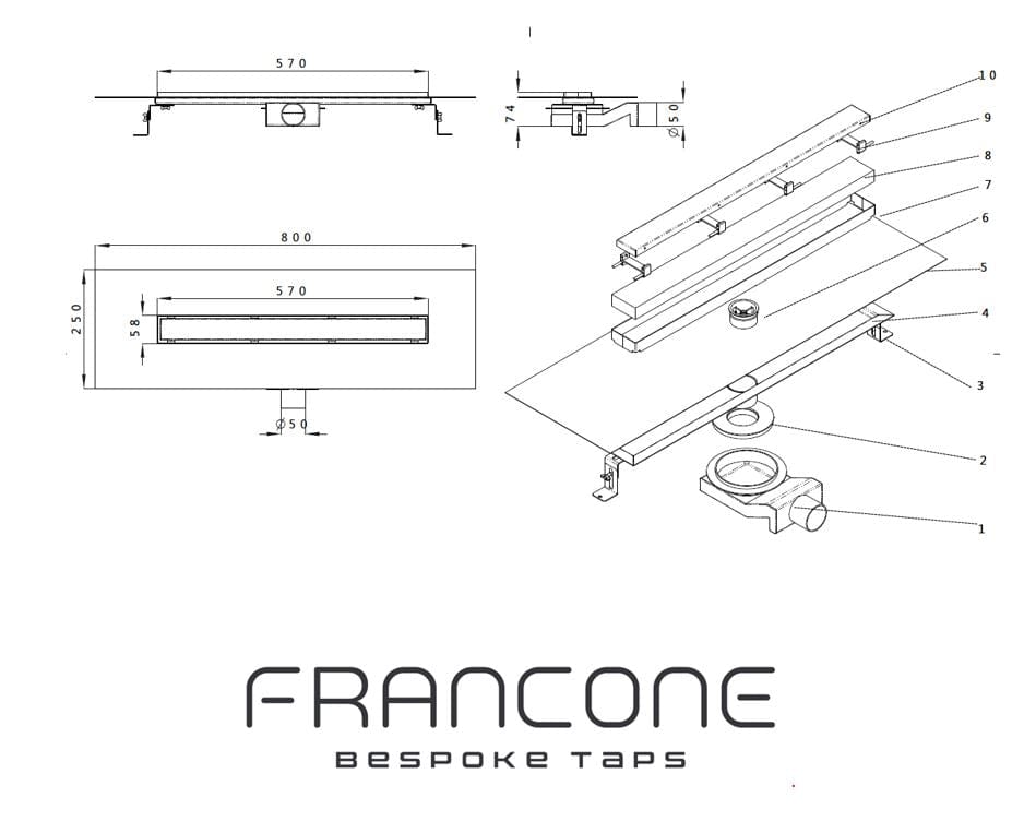 Francone BTA17 linear shower drain technical drawing with dimensions and an exploded view of all components.