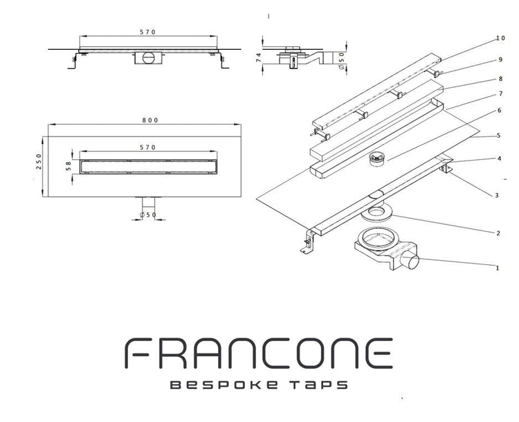 Francone BTA17 linear shower drain technical drawing with dimensions and an exploded view of all components.