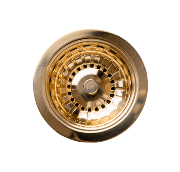 A round Francone BTA18O basket strainer waste in unlacquered brass for kitchen sinks.