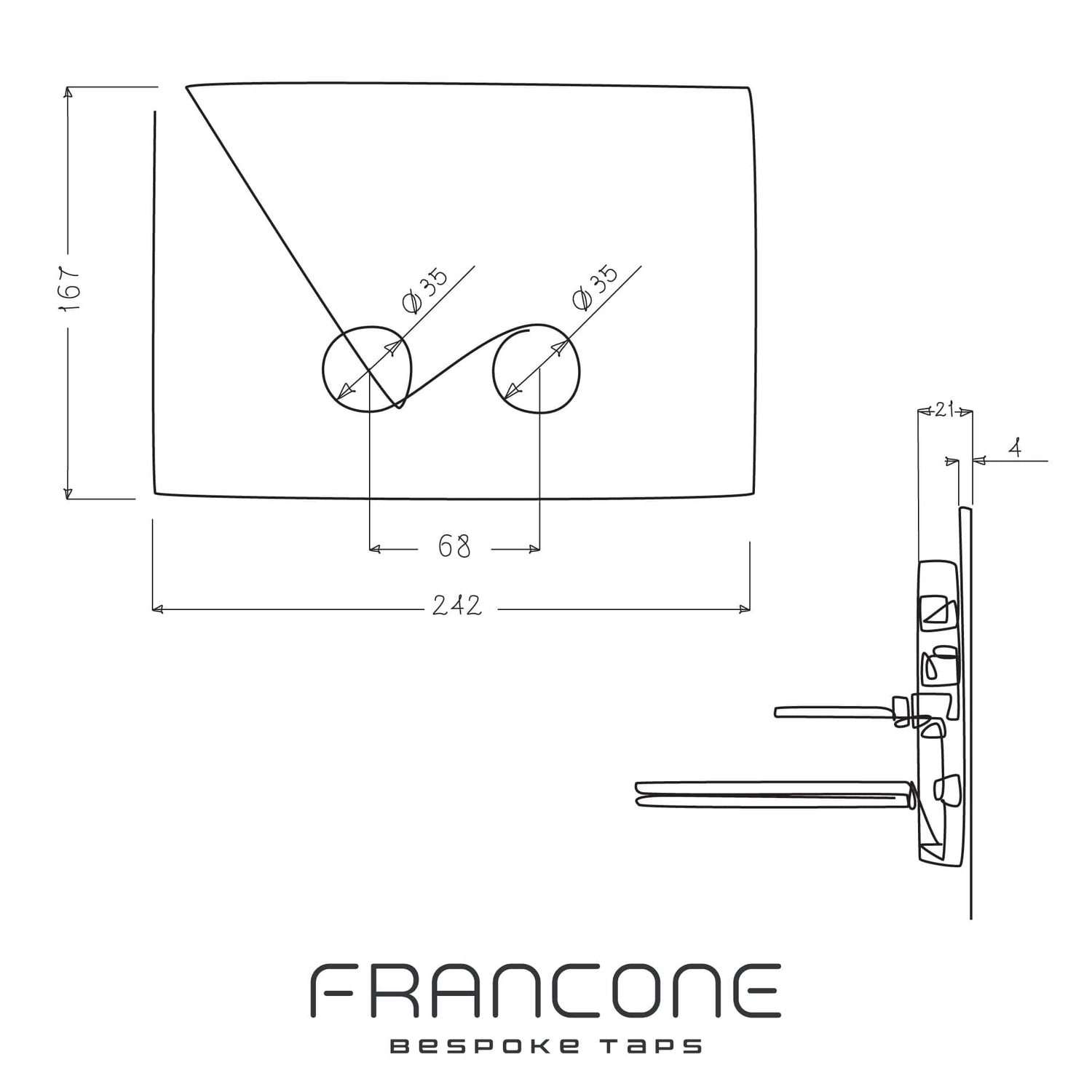 Technical drawing with dimensions for the Francone BTA28 toilet dual flush plate in solid brass.