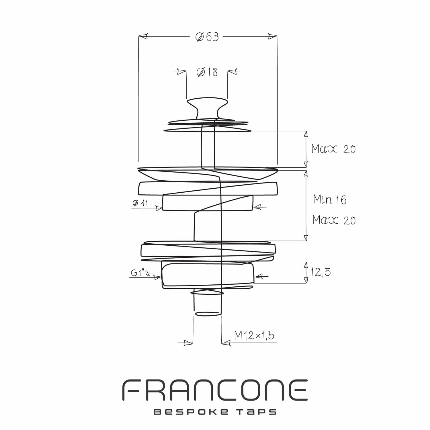 Technical drawing with dimensions for the Francone BTA2S solid brass old style basin drain waste.