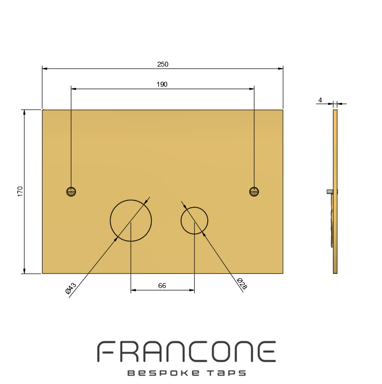 Technical drawing with dimensions for the Francone BTA6 solid brass toilet Geberit Sigma dual flush plate.