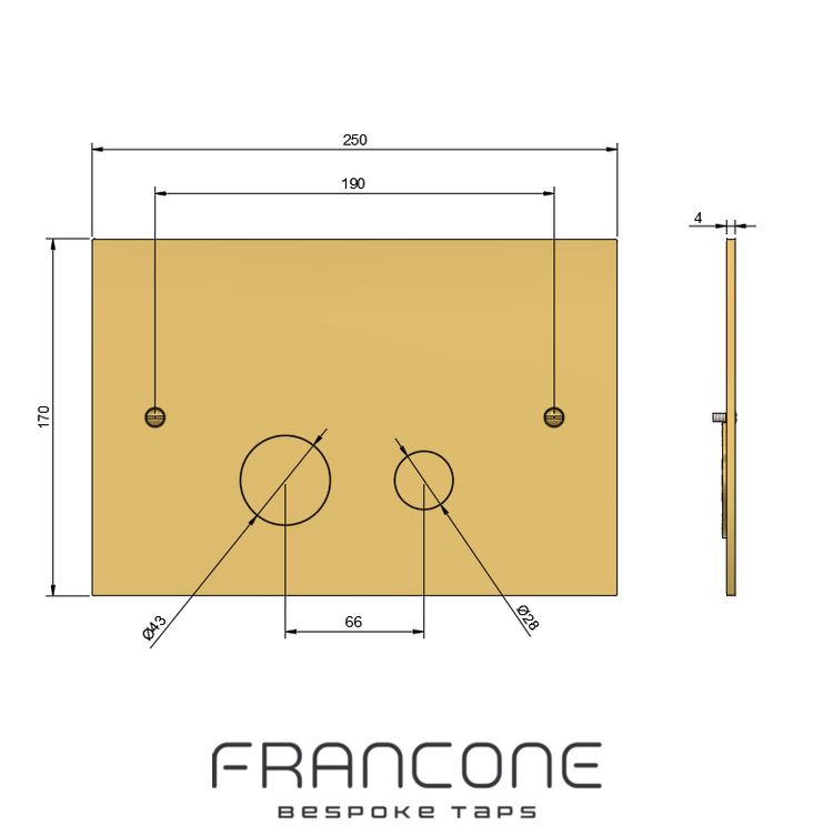 Technical drawing with dimensions for the Francone BTA6 solid brass toilet Geberit Sigma dual flush plate.