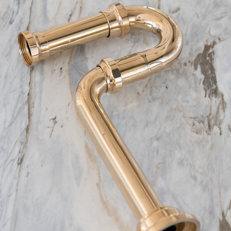 Traditional Francone BTA9 P-trap bathroom waste in unlacquered brass, made in Italy.