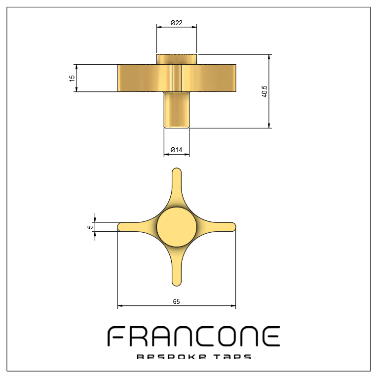 Technical drawing with dimensions for the Francone BTH solid brass bespoke cross tap or faucet handles.