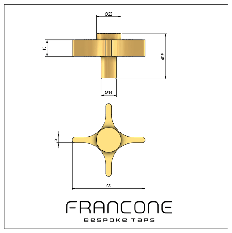 Technical drawing with dimensions for the Francone BTH solid brass bespoke cross tap or faucet handles.