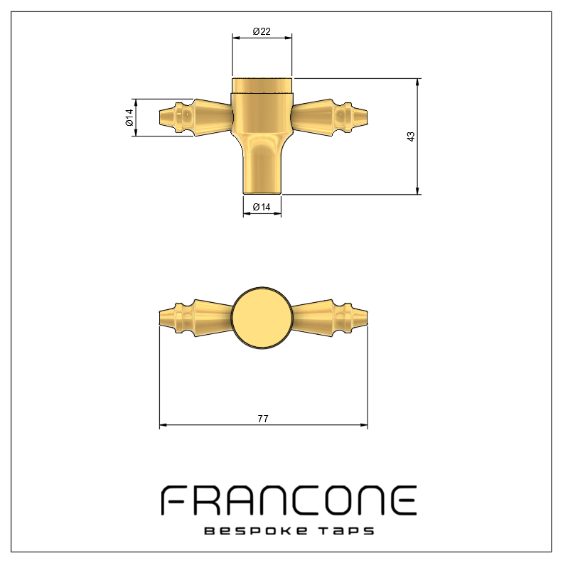 Technical drawing with dimensions for the Francone BTH Edwardian solid brass tap handles.