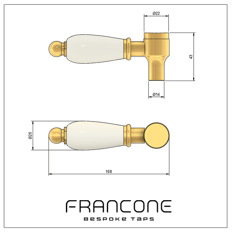 Technical drawing with dimensions for the traditional Francone BTH solid brass and ceramic faucet handles.