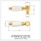 Technical drawing with dimensions for the traditional Francone BTH solid brass and ceramic faucet handles.