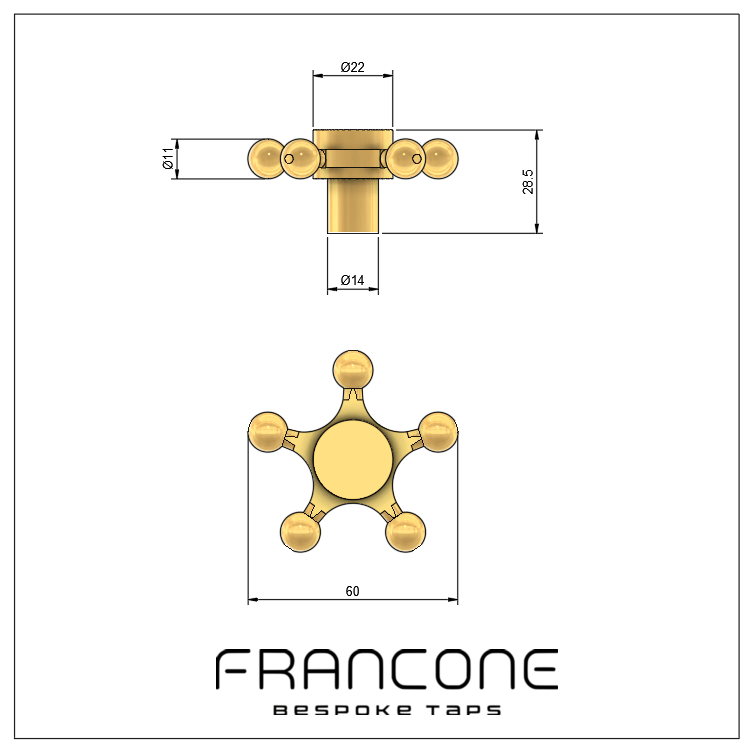 Technical drawing with dimensions for the Francone BTH solid brass bespoke tap and faucet handle.