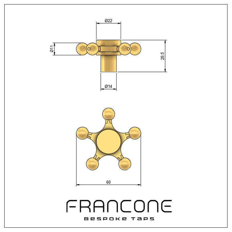 Technical drawing with dimensions for the Francone BTH solid brass bespoke tap and faucet handle.