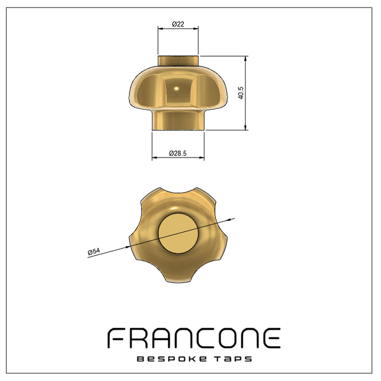 Technical drawing with dimensions for the solid brass Francone BTH bespoke faucet handles.