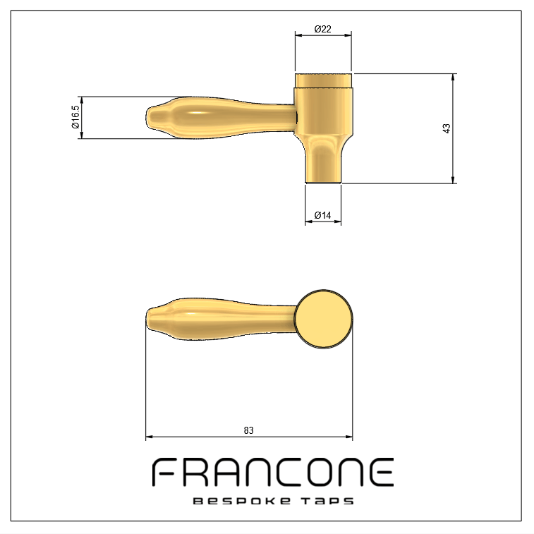 Technical drawing with dimensions for the traditional Francone BTH solid brass bathroom faucet tap handles.
