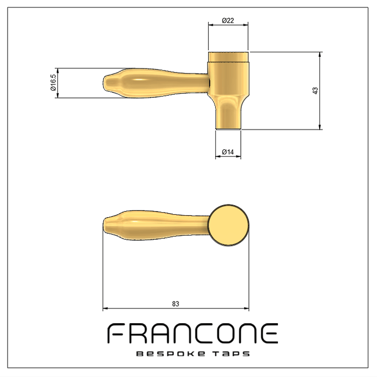 Technical drawing with dimensions for the traditional Francone BTH solid brass bathroom faucet tap handles.