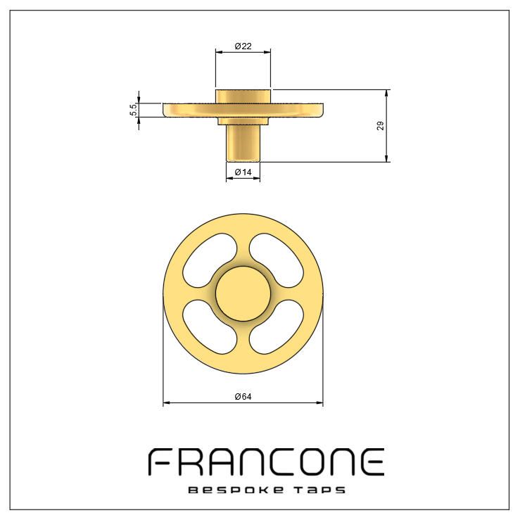 Technical drawing with dimensions for the solid brass Francone BTH wheel tap handles.