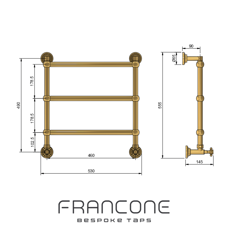 Technical drawing with dimensions for the Francone BTR16 traditional solid brass bathroom heated towel rail.