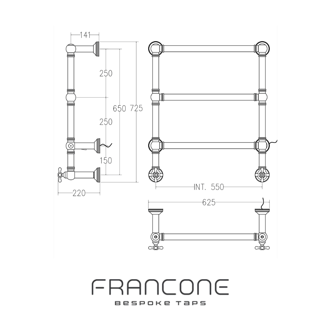 Technical drawing with dimensions for the Francone BTR2 solid brass classic dual fuel heated towel rail.