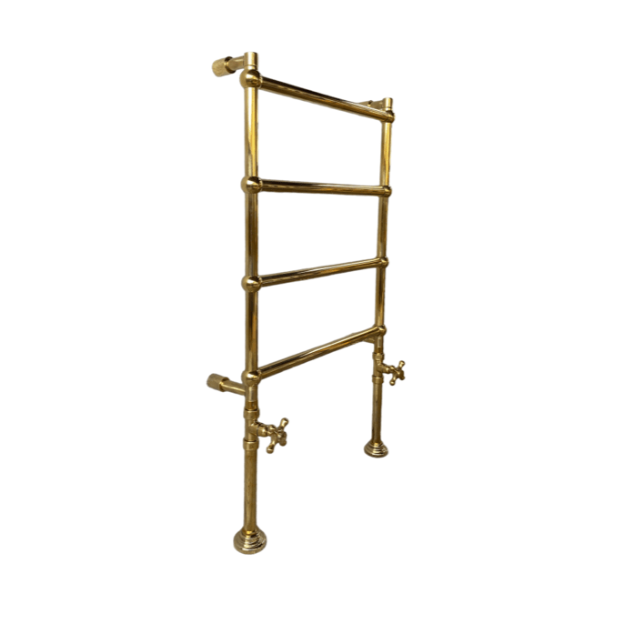 Francone BTR20 traditional four-bar floor-mounted plumbed heated towel rail in unlacquered brass.