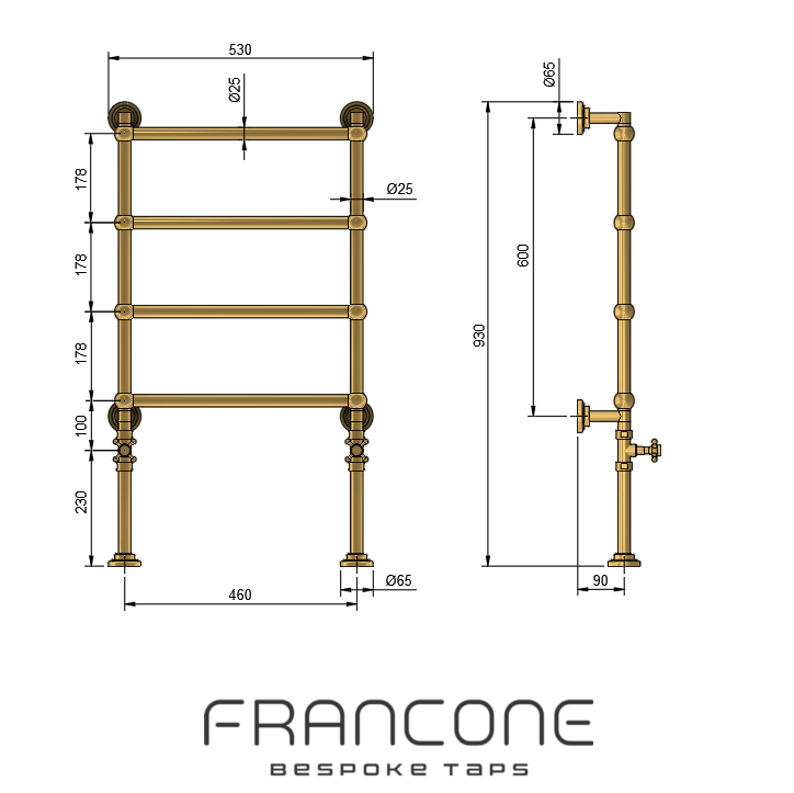 Technical drawing with dimensions for the Francone BTR20 solid brass traditional four-bar heated towel rail.