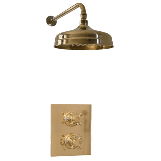 Francone BTS1 traditional concealed thermostatic shower in unlacquered brass with standard shower arm.