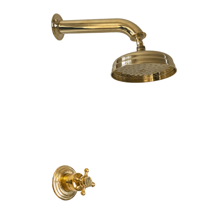 Francone BTS11 traditional wall-mounted shower and progressive mixer in unlacquered brass.
