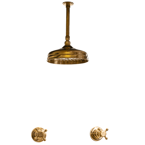 Francone BTS12 traditional ceiling mounted shower faucet set in unlacquered brass with crosshead taps.