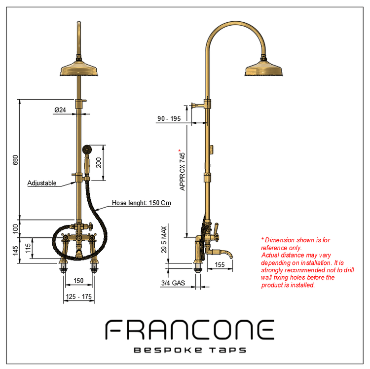Technical drawing with dimensions for the Francone BTS13D solid brass column shower and bath filler.