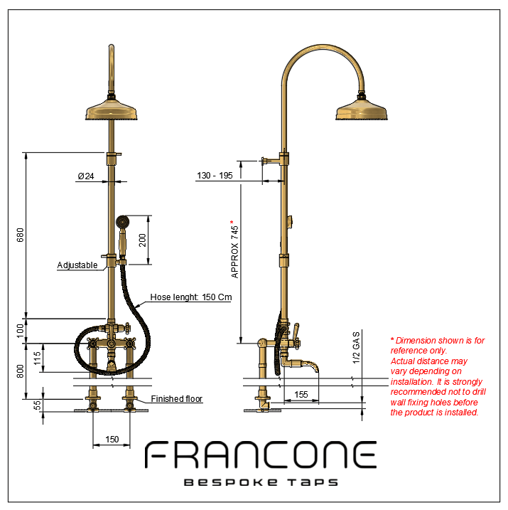 Technical drawing with dimensions for the Francone BTS13F solid brass column shower with bath filler faucet.