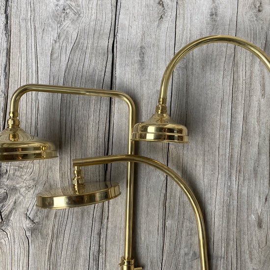 Traditional Francone BTS13F solid brass column shower head shape options in an unlacquered brass finish.