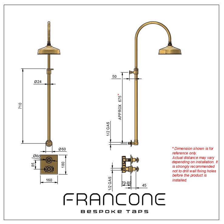 Technical drawing with dimensions for the Francone BTS14 solid brass column shower with thermostatic mixer.