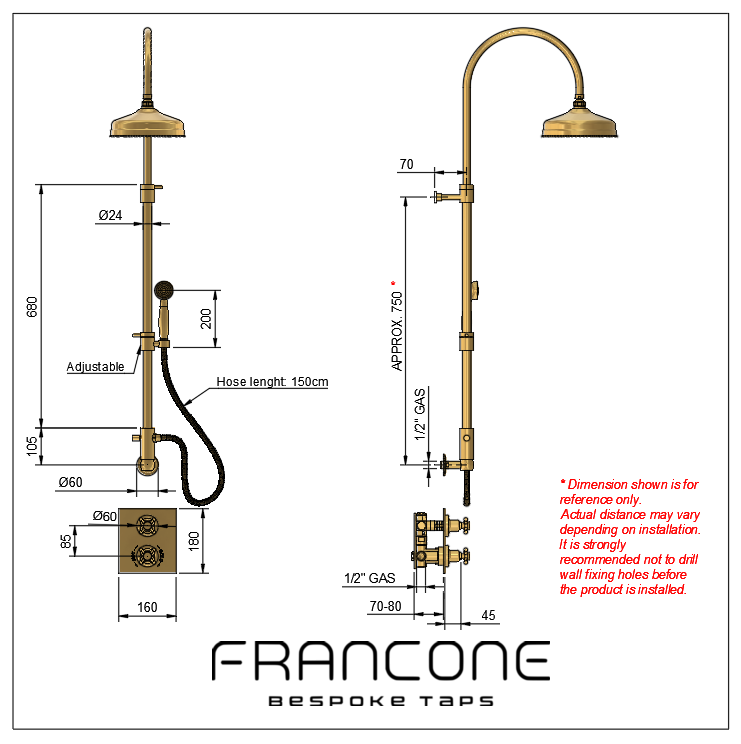 Technical drawing with dimensions for the Francone BTS18 solid brass thermostatic shower.