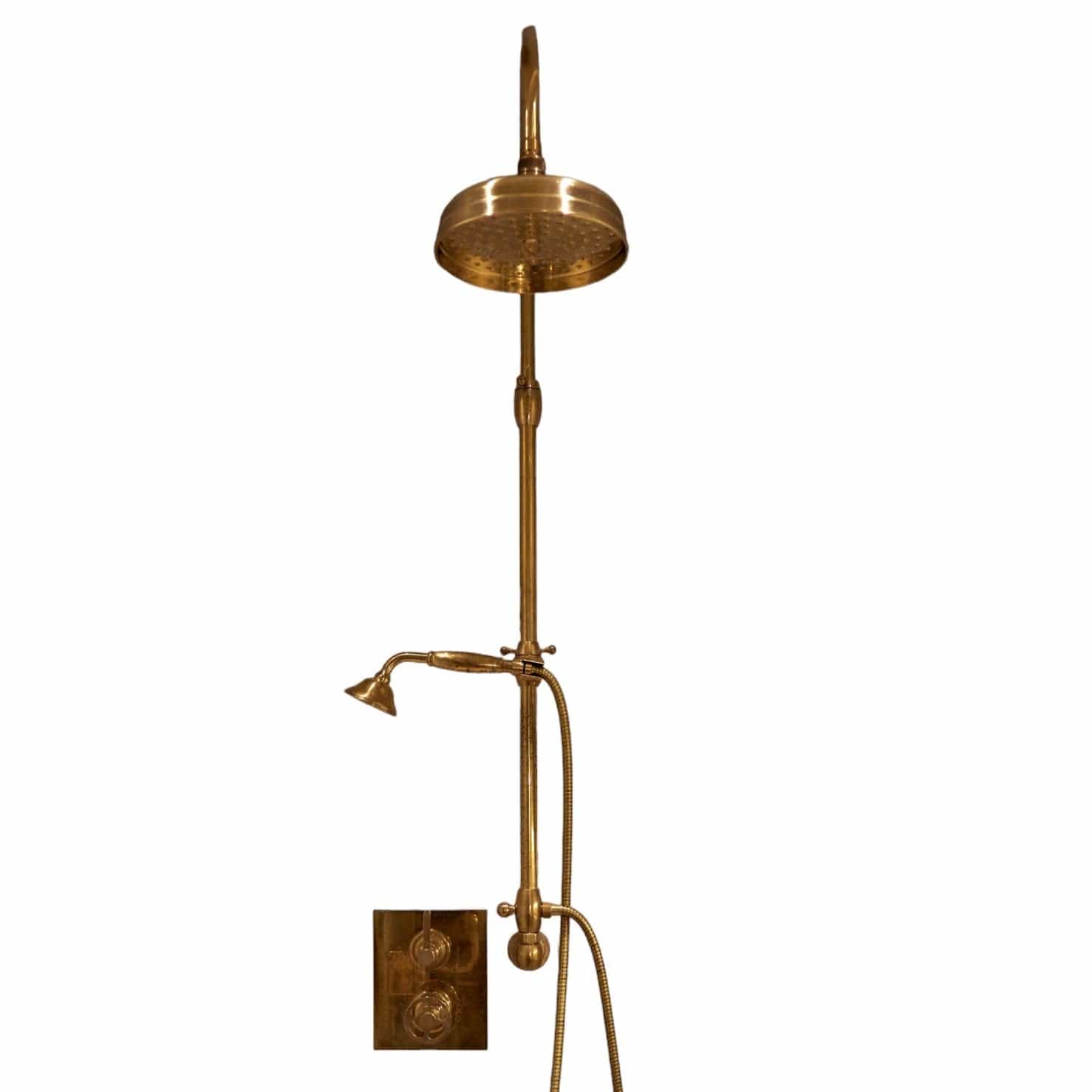 Francone BTS19 unlacquered solid brass concealed thermostatic shower with a column and hand shower.