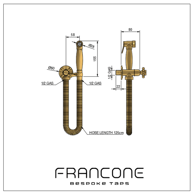 Technical drawing with dimensions for the Francone BTS20S solid brass wall mounted hand shower.