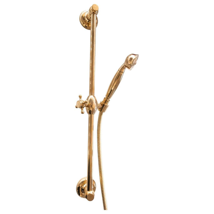 Vintage Francone BTS21 unlacquered brass sliding rail hand held shower for a luxury bathroom.