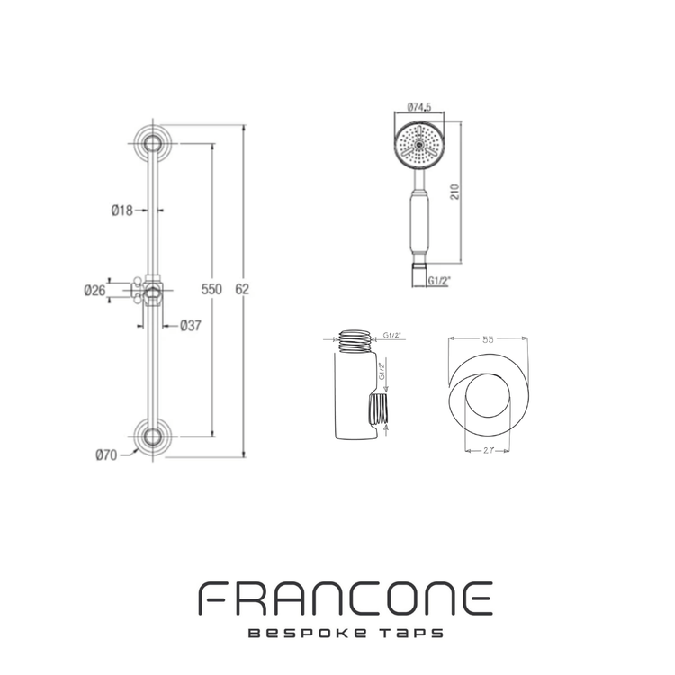 Technical drawing with dimensions for the Francone BTS21 solid-brass sliding rail hand-held shower.