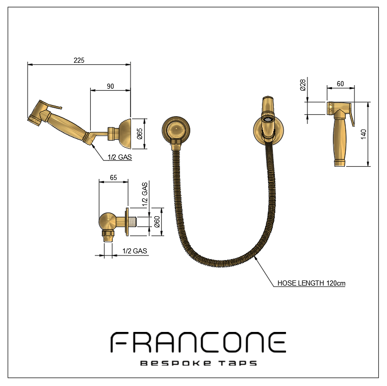 Technical drawing with dimensions for the Francone BTS23PS solid brass wall-mounted hand shower set.