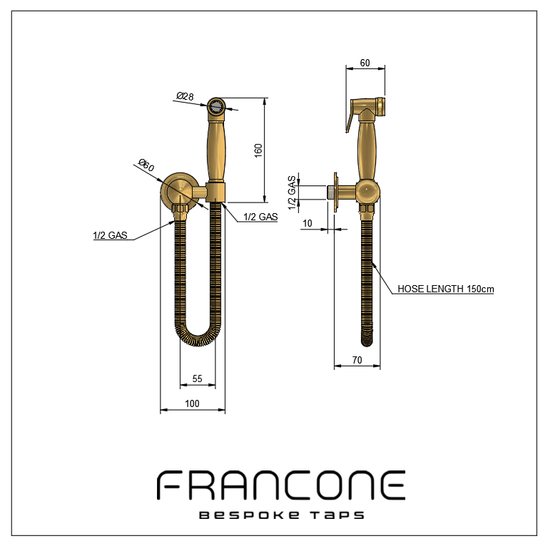 Technical drawing with dimensions for the Francone BTS23S wall-mounted solid brass hand shower with spray.