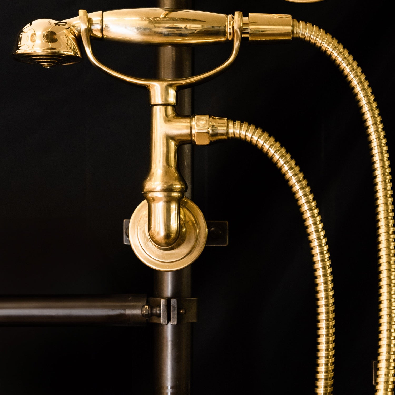 Detail of the Francone BTS26 traditional unlacquered brass hand shower with holder.