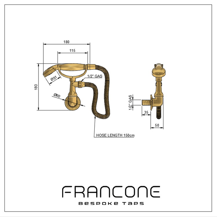 Francone BTS26 solid brass traditional wall mounted hand shower technical drawing with dimensions.