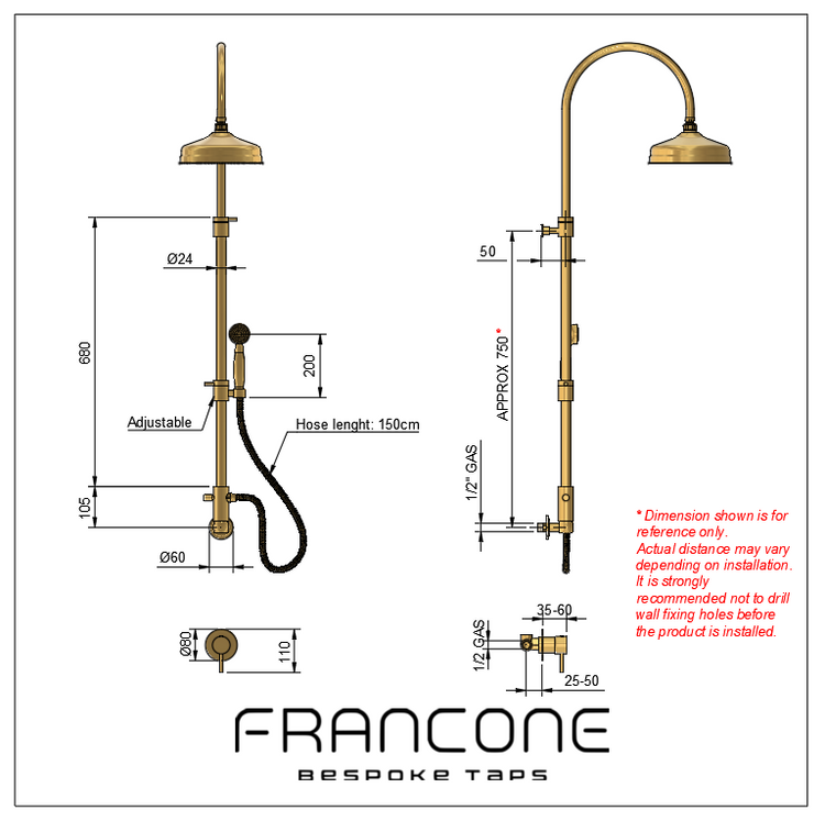 Technical drawing with dimensions for the Francone BTS27 column shower with hand shower and mixer.
