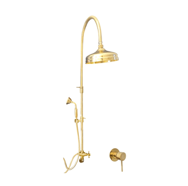 Francone BTS27 traditional column shower with hand shower and mixer faucet in unlacquered brass.
