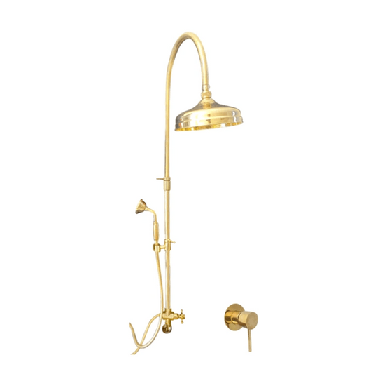 Francone BTS27 traditional column shower with hand shower and mixer faucet in unlacquered brass.